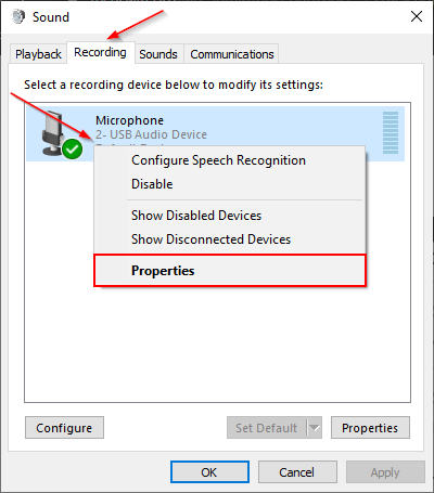 Windows 10 Microphone Properties in Right Click Menu