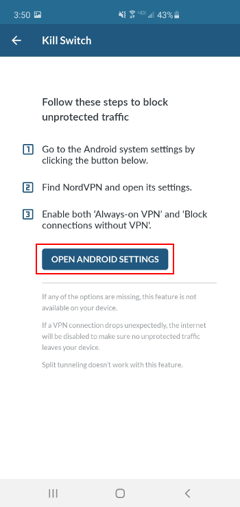 Android NordVPN Open Android Settings Button