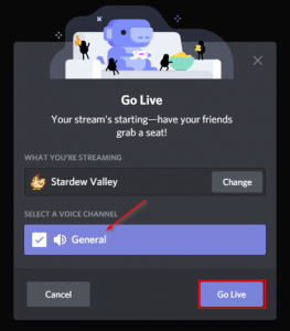 Discord Select Voice Channel for Streaming / Go Live