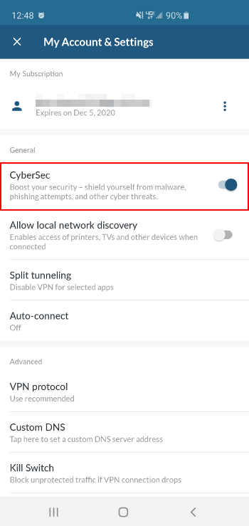 Enable NordVPN CyberSec Ad Blocking Android