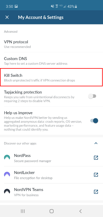 NordVPN Android Kill Switch Option