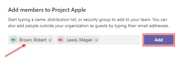 Microsoft Teams Add Members to Team Window