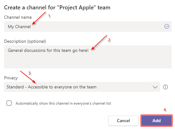 Microsoft Teams Create Channel Steps