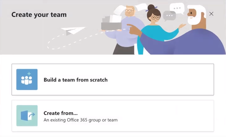 Microsoft Teams Create Team from Scratch or Office 365 Group Buttons