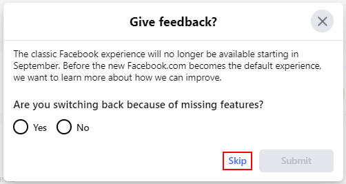 Facebook Switch to Classic Feedback Prompt