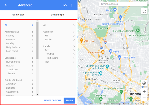 Google Map Style App Advanced Options List