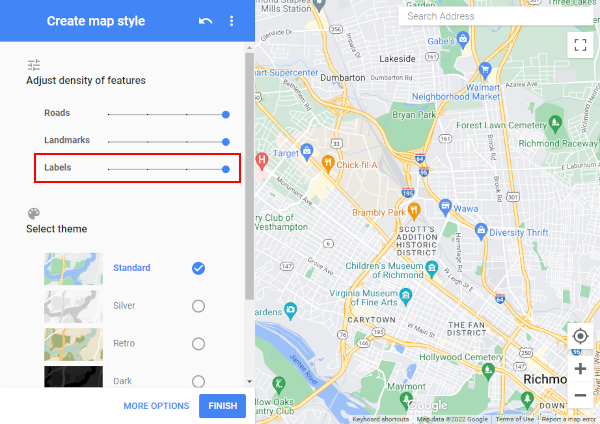 Google Map Style App Labels Slider in Leftmost Menu