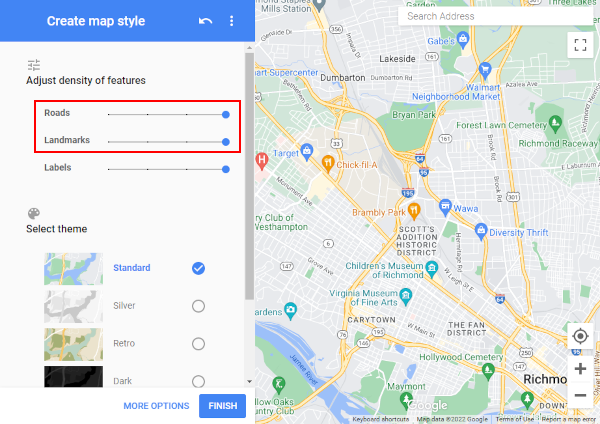 Google Map Style App Roads and Landmarks Sliders in Leftmost Menu