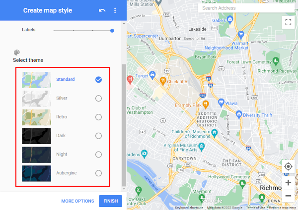 Google Map Style App Themes in Leftmost Menu