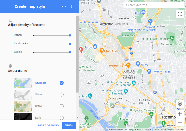 Google Map Style Area on Map on Create Map Style Page