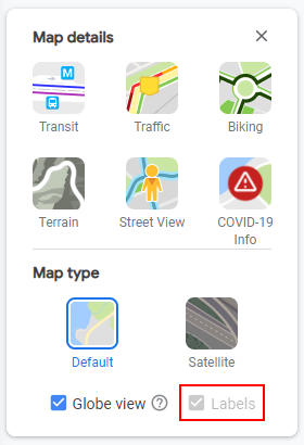 Google Maps Labels Checkbox in Layers More Menu