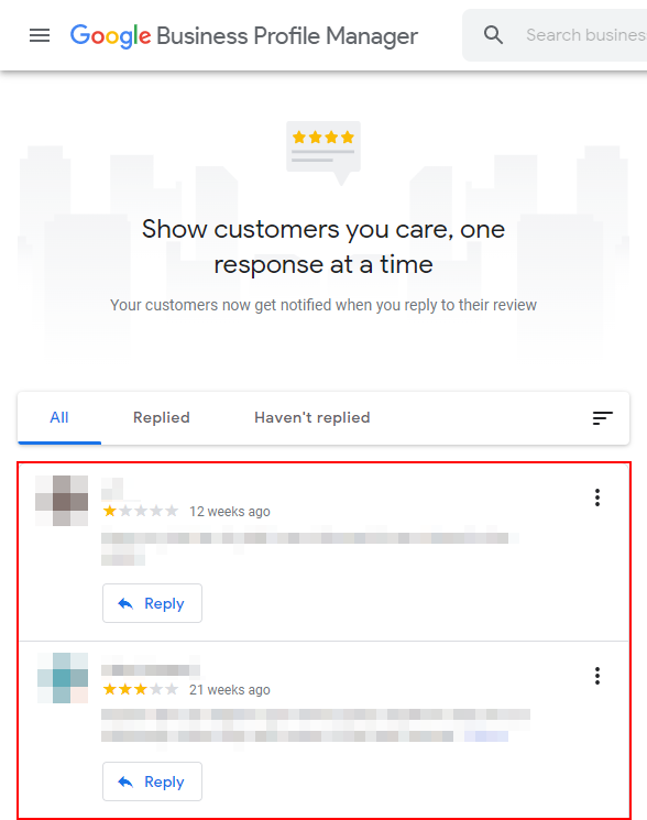 Google My Business Web List of Reviews on Business Reviews Page