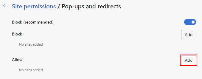 Microsoft Edge Disable Pop-up Blocker for Specific Sites