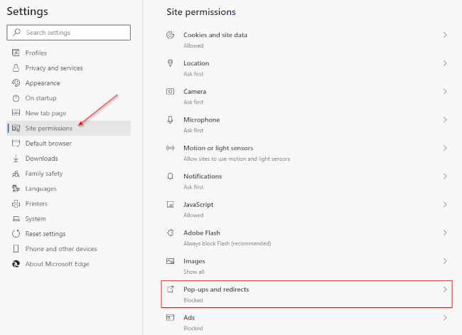 Microsoft Edge Pop-up Blocker and Redirects in Settings