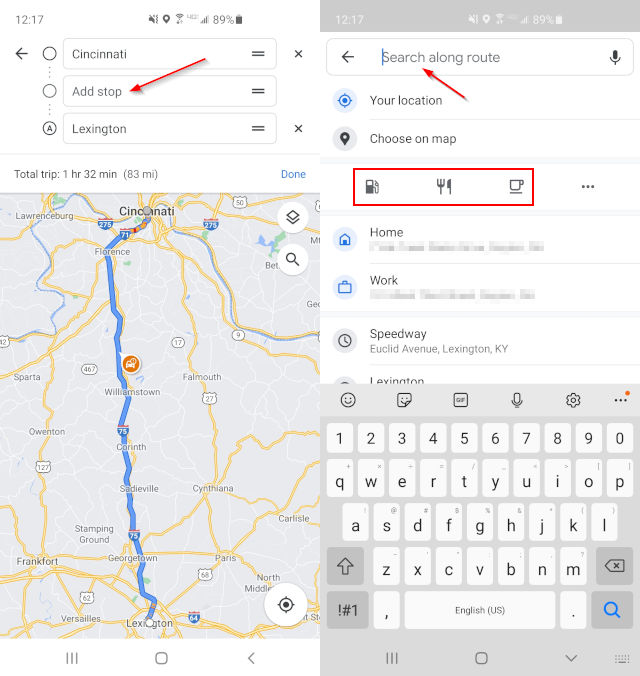 Google Maps Mobile App Search and Add Stop Along Route