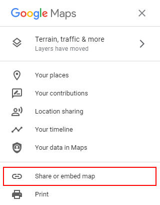 Google Maps Share or Embed Map in Hamburger Menu