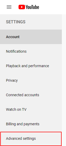 YouTube Advanced Settings in Menu