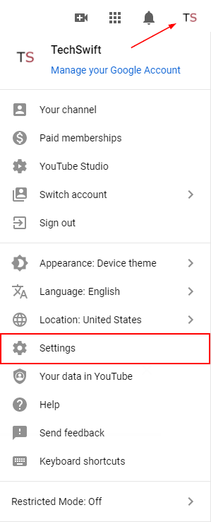 YouTube Settings Menu Option