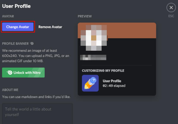 Discord Change Avatar Button in User Profile Settings