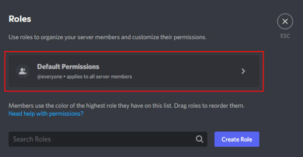 Discord Default Permissions Button in Server Roles