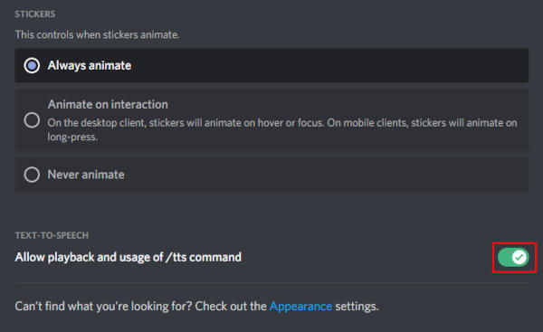 Discord Disable TTS Playback in Accessibility Client Settings