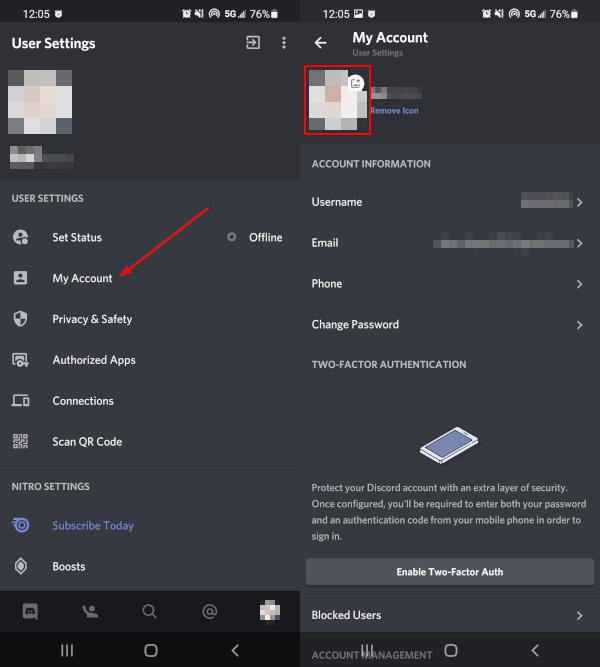 Discord Mobile App Change Profile Picture in My Account Settings