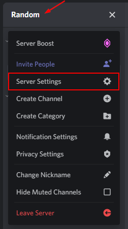 Discord Server Settings in Menu