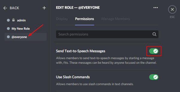 Discord Text to Speech Permission Toggle in Everyone Role Permissions