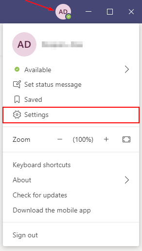 Microsoft Teams Settings Option in Menu