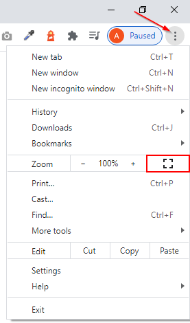 Google Chrome Fullscreen Icon in Settings Menu