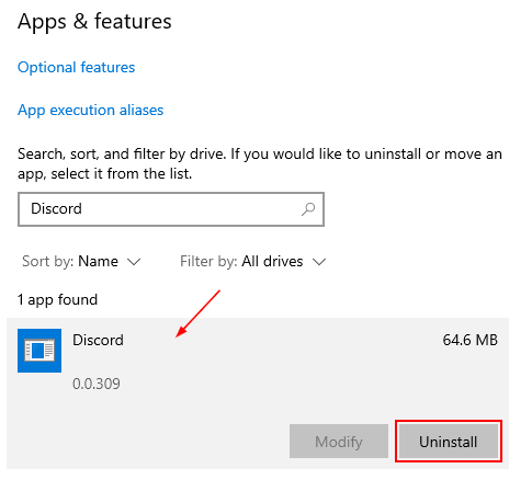 Discord in Add or Remove Programs Windows 10