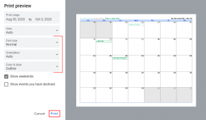 Google Calendar Print Preview Window
