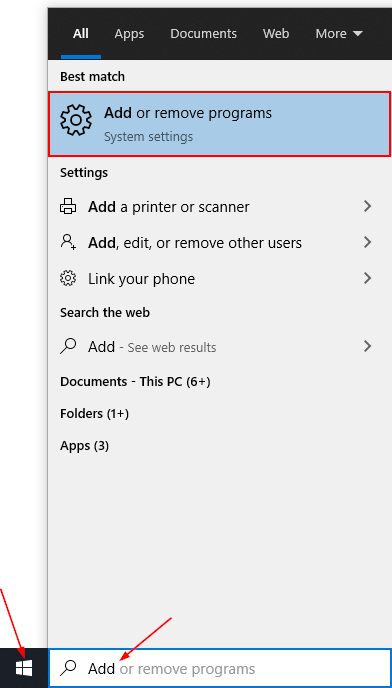 Windows 10 Start Menu Search Add or Remove Programs