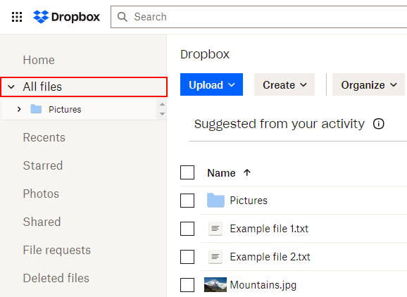 Dropbox Web All Files in Leftmost Menu