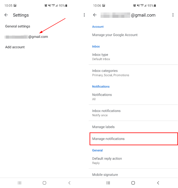 Gmail Mobile App Manage Notifications Option