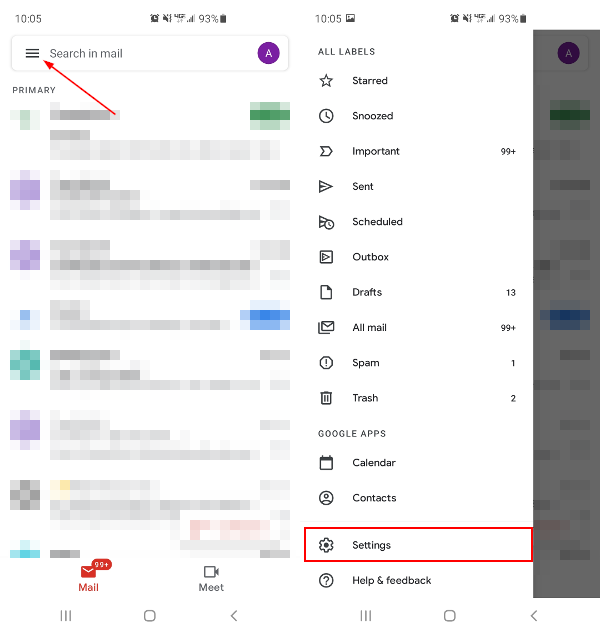 Gmail Mobile App Open Hamburger Menu with Settings Highlighted