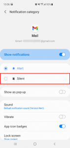 Gmail Notification Settings with Silent Option Highlighted