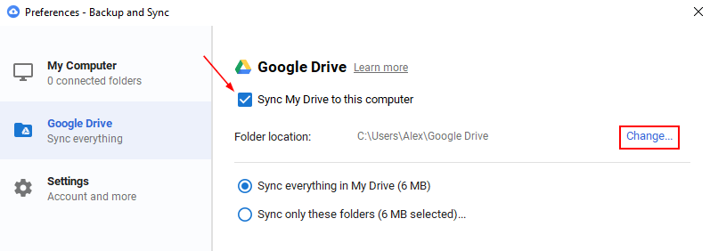 Google Drive Change Folder Location Button