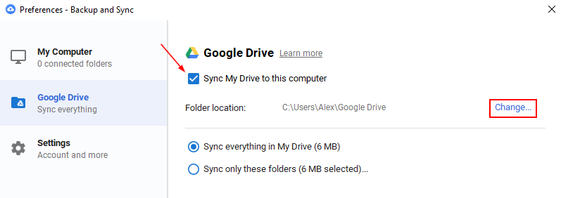 google backup and sync change folder