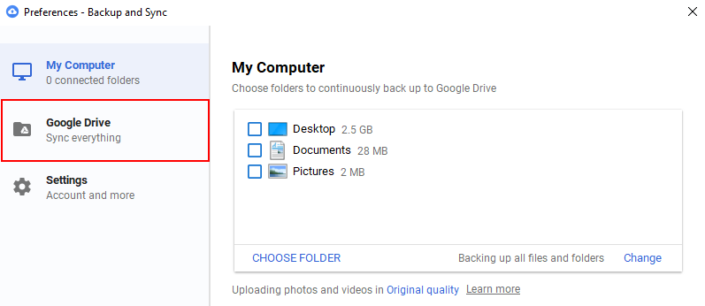 Google Drive Preferences Window Google Drive Option