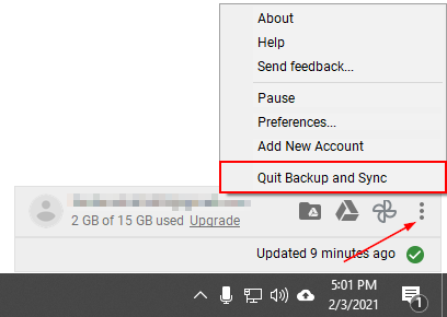 Google Drive Quit Backup and Sync in Settings