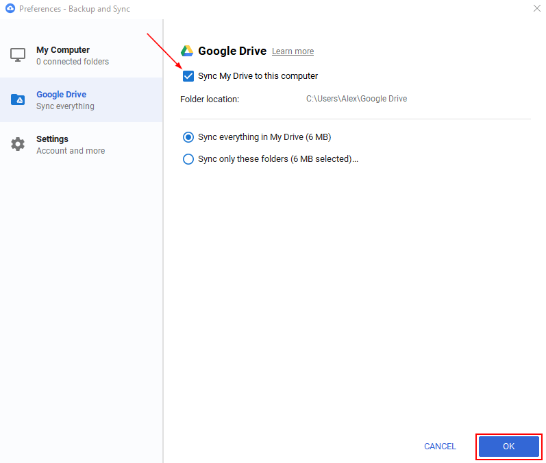 Google Drive Sync My Drive to This Computer Checkbox