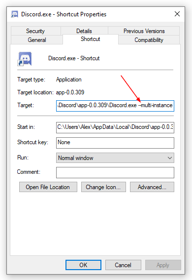 Multinstance Flag in Discord Shortcut Target Field