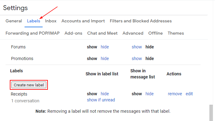 Gmail All Settings with Create new Label Button