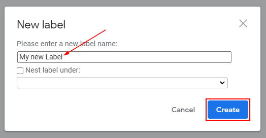 Gmail Create New Label Window with Create Button Highlighted
