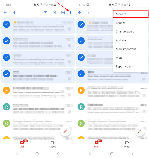 Gmail Mobile App Multiple Emails Selected with Move to Option Highlighted