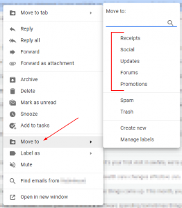 Gmail Right Click Email Menu with Move to Expanded and Labels Highlighted