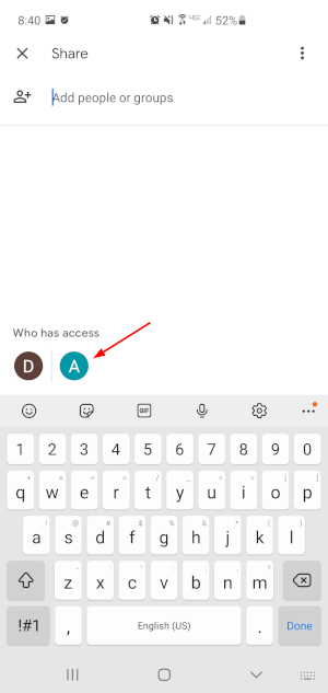 Google Drive Mobile App Profile Pictures Under Who has Access in Share Screen