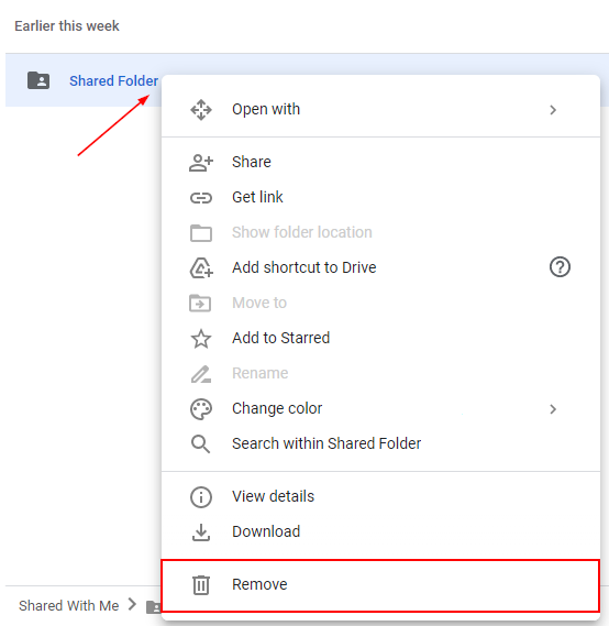 Google Drive Shared Folder Right Click Menu with Remove Highlighted