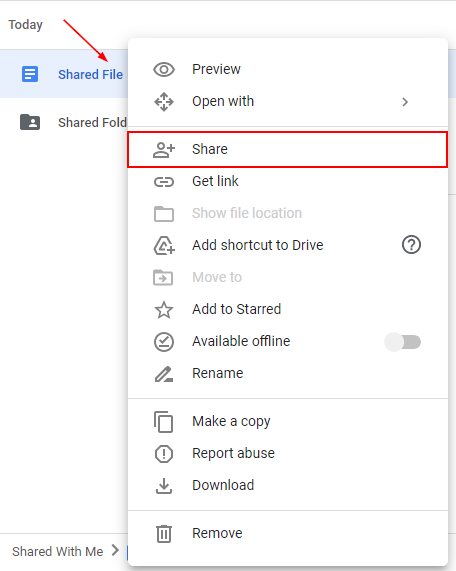 Google Drive Shared Folder Right Click Menu with Share Highlighted